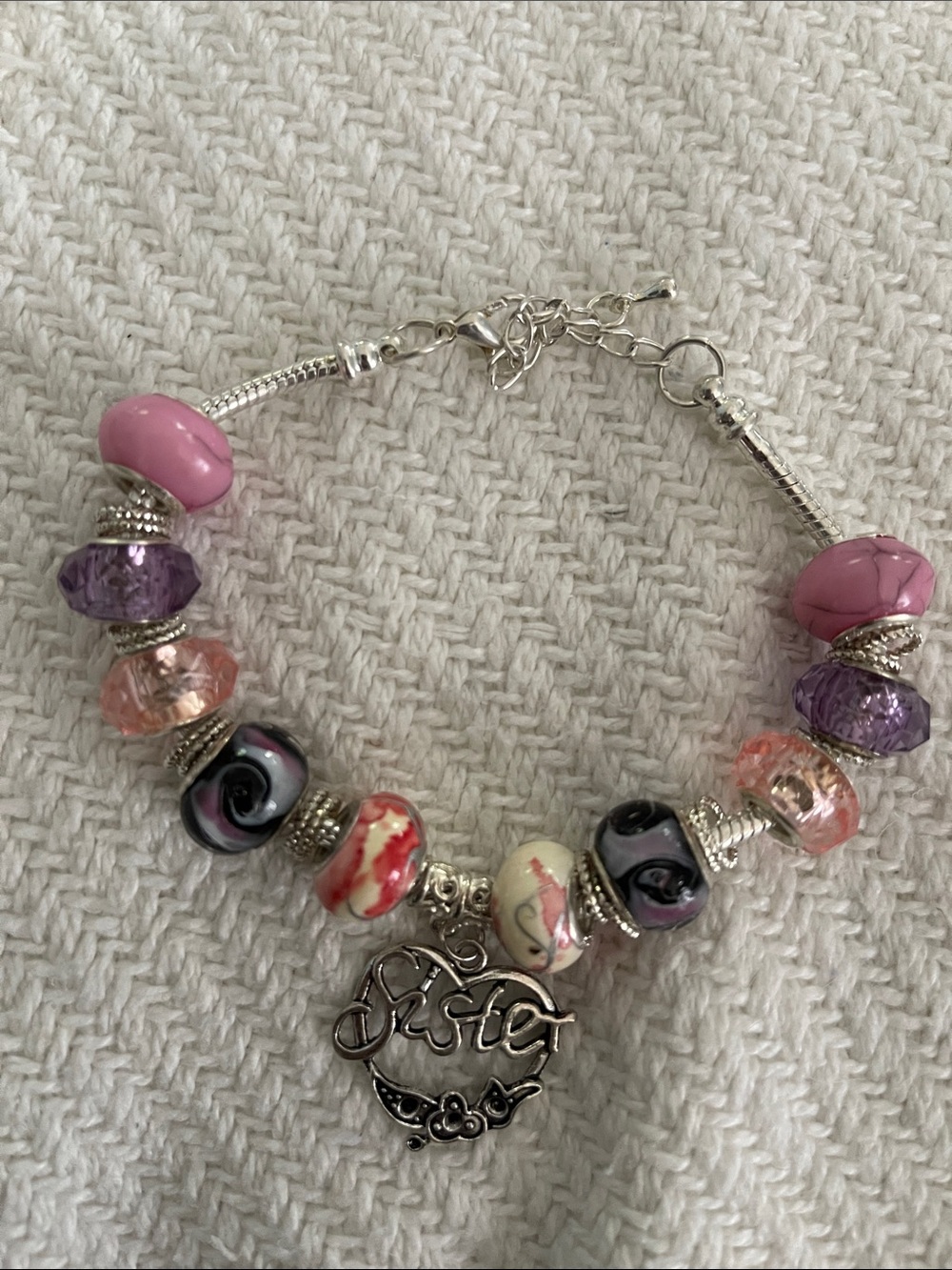 Sister Charm Beaded Bracelet in Pink & Purple